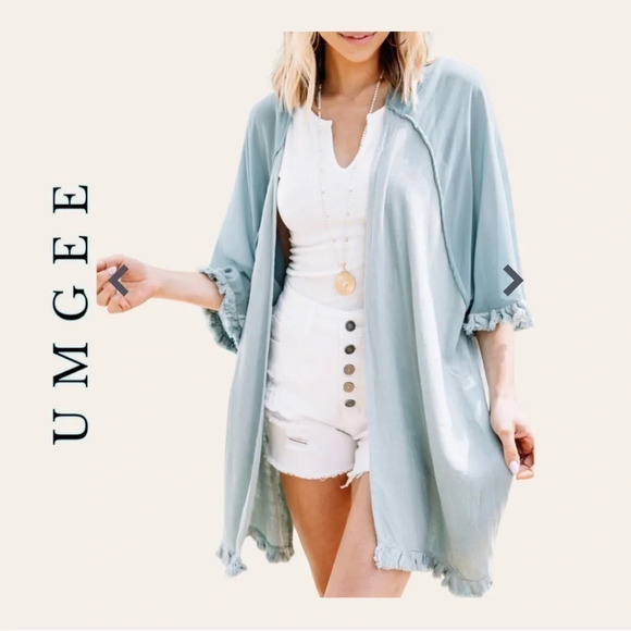 1182. Umgee LINEN BLEND KIMONO SHORT SLEEVES FRAY HEMS SIZE SMALL/MEDIUM GREEN - Picture 1 of 13